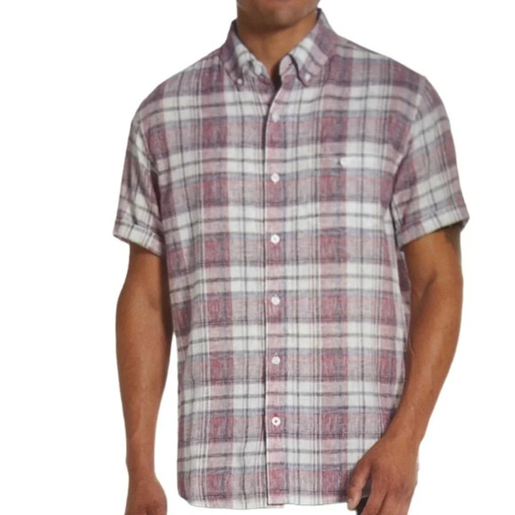 WEATHERPROOF NWT Mens Linen Red Plaid Short Sleeve Button Down Shirt Preppy S - Picture 1 of 13